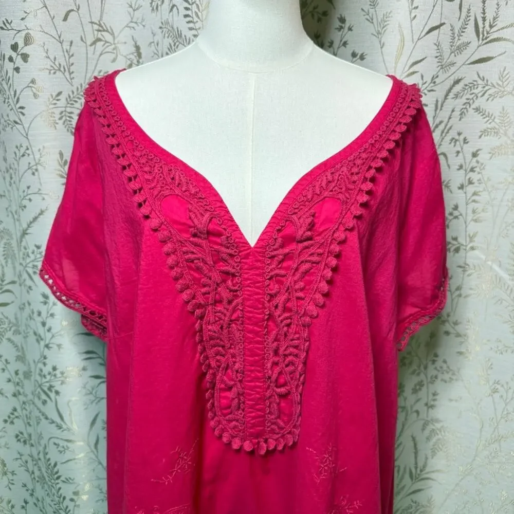 Motto Crochet V Neck Tunic Top Womens 3X Pink Boho Peasant Plus Size Festival